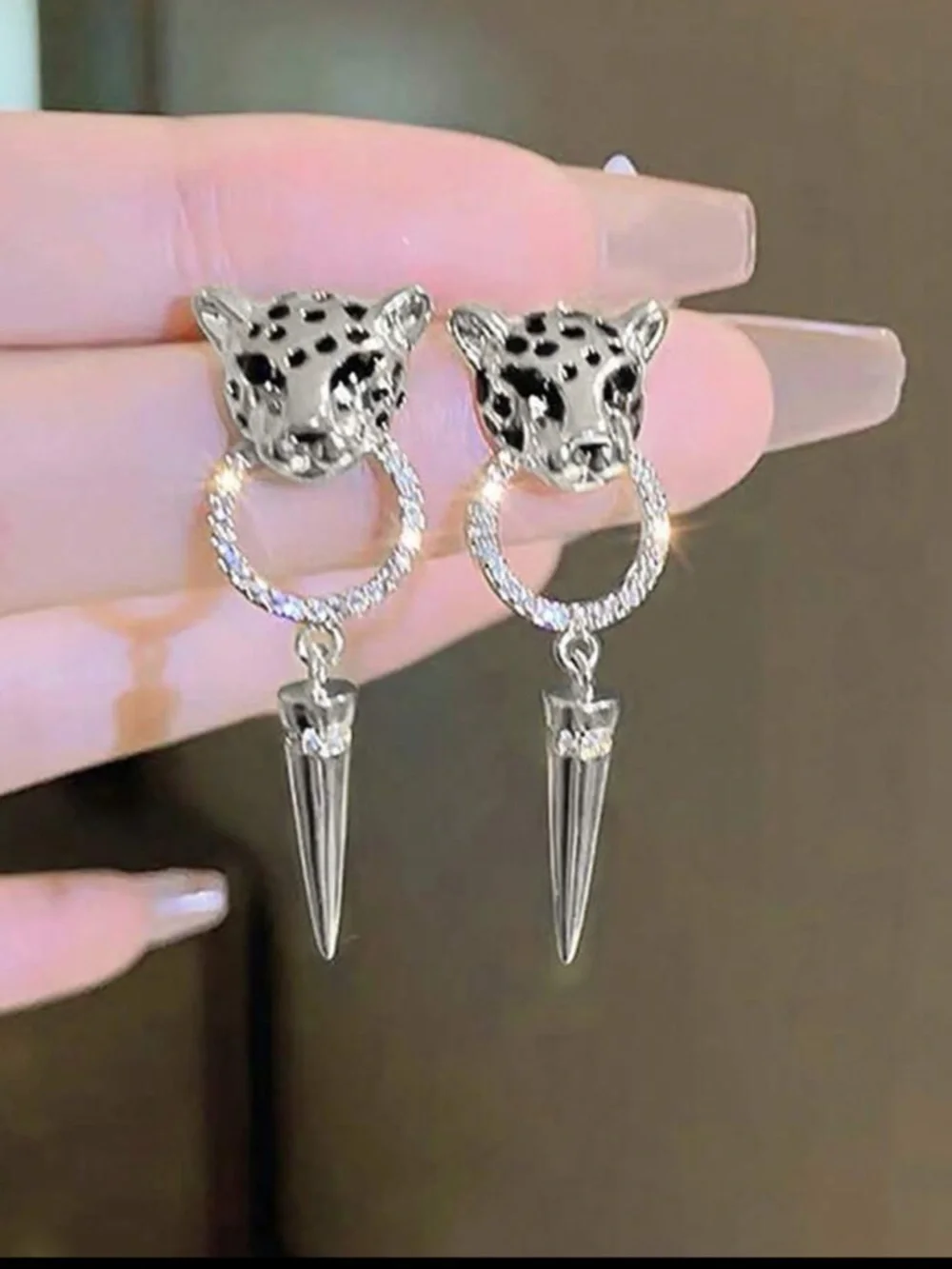 Silver & Black Cheetah Leopard Rhinestones Drop Earrings - Women Jewelry - Picture 3 of 10